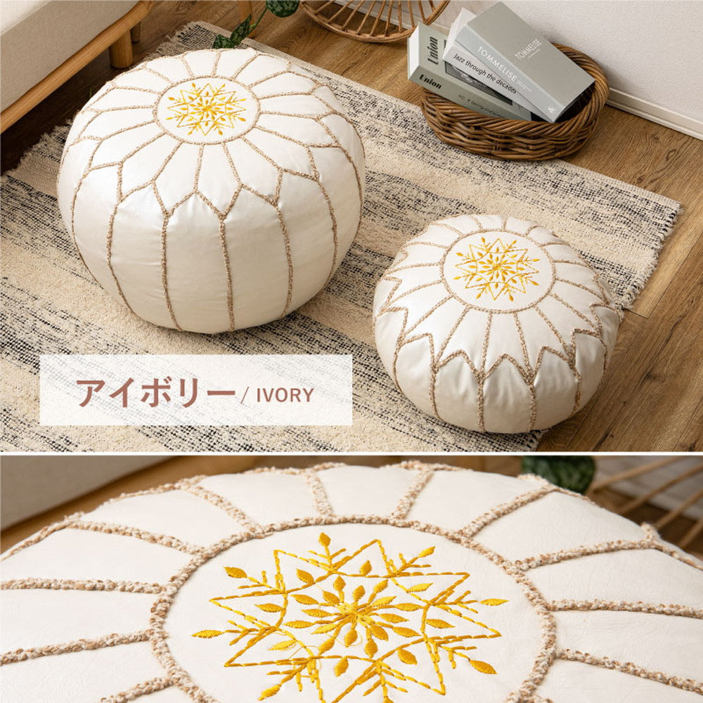 フェイクレザーにモロッカンデザインの刺繍を施したおしゃれなプフ