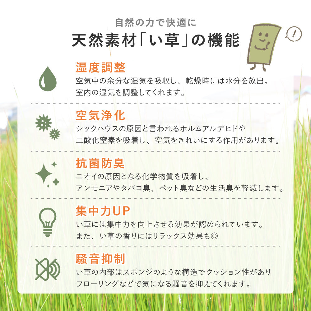 和モダンテイストのい草ラグ クレパス 中材にウレタンを約12mm入れた3層構造