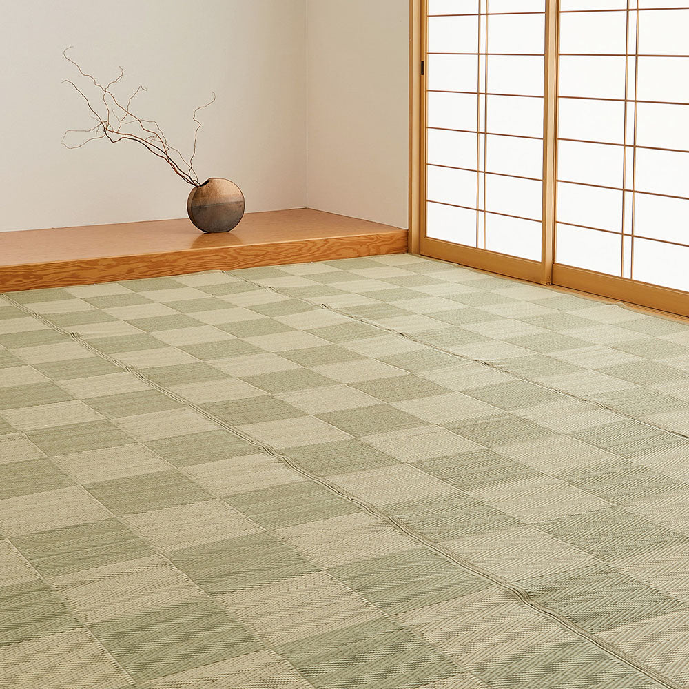 洗えるい草風カーペット 見た目はまるでい草のようなPP素材の市松柄上敷き 江戸間サイズ