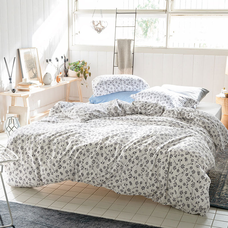 平編みコットンニットのフラワープリント掛け布団カバー ジニア【Fab the Home】