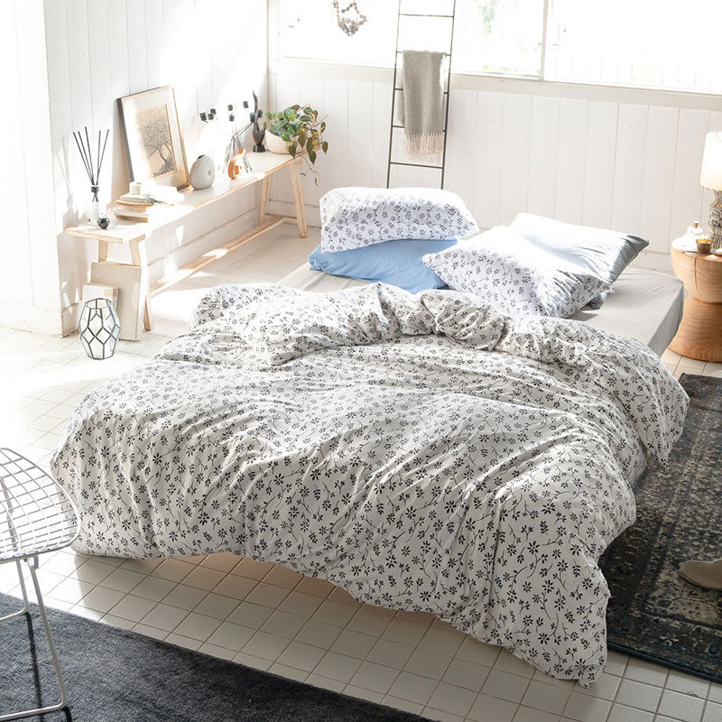 平編みコットンニットのフラワープリント掛け布団カバー ジニア【Fab the Home】