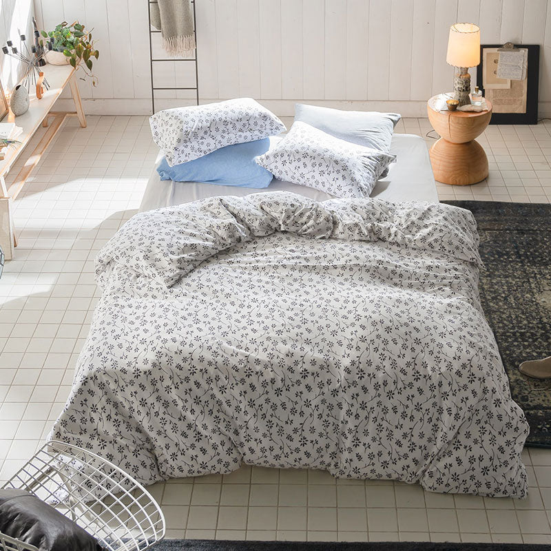 平編みコットンニットのフラワープリント掛け布団カバー ジニア【Fab the Home】