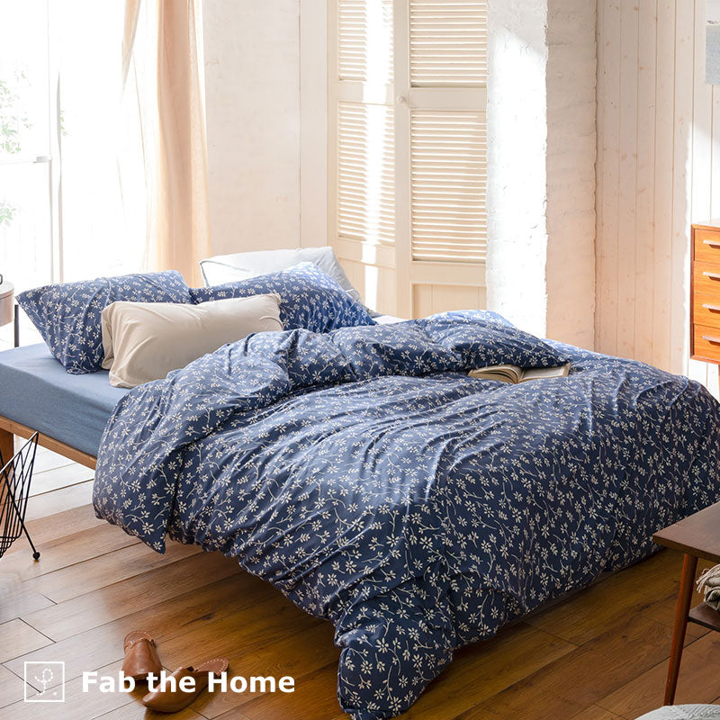 平編みコットンニットのフラワープリント掛け布団カバー ジニア【Fab the Home】