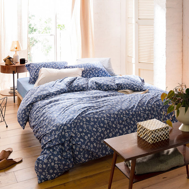 平編みコットンニットのフラワープリント掛け布団カバー ジニア【Fab the Home】