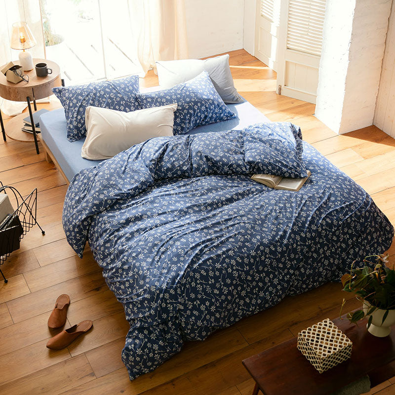 平編みコットンニットのフラワープリント掛け布団カバー ジニア【Fab the Home】