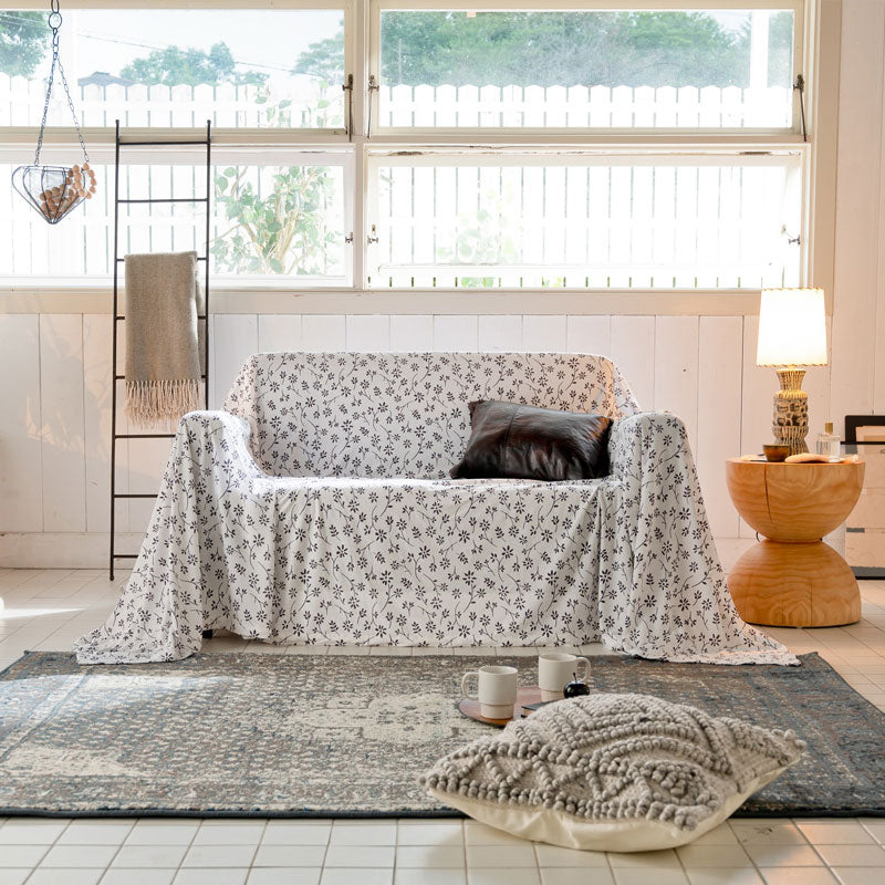 平編みコットンニットのフラワープリント マルチカバー ジニア【Fab the Home】