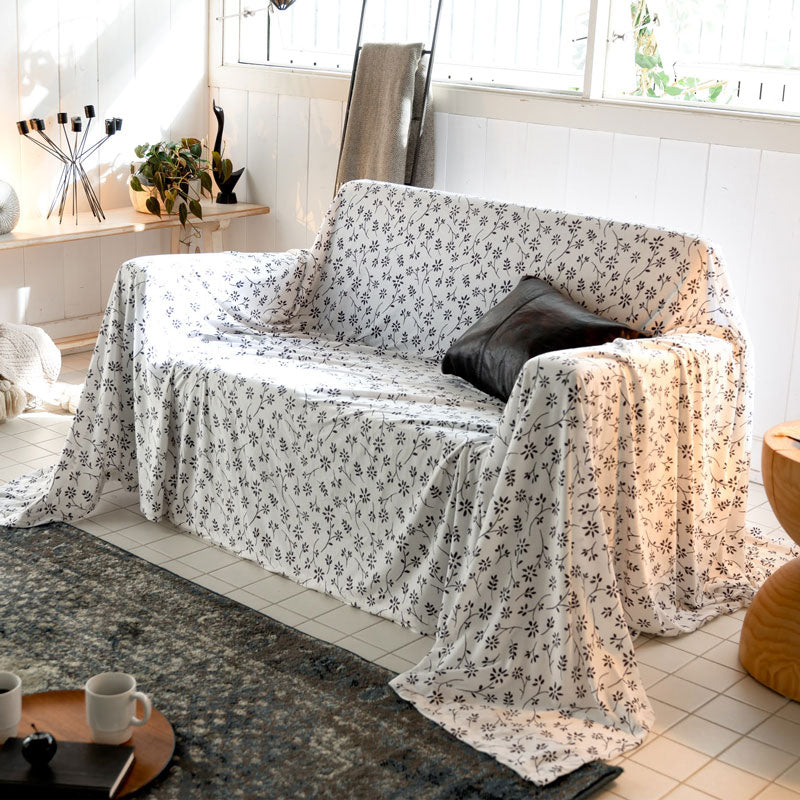 平編みコットンニットのフラワープリント マルチカバー ジニア【Fab the Home】