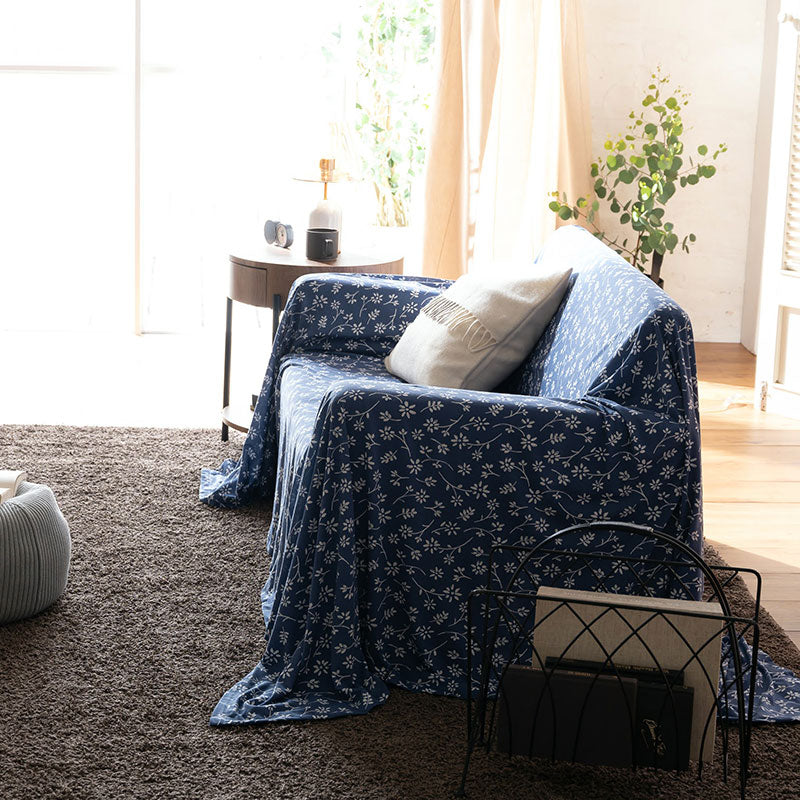 平編みコットンニットのフラワープリント マルチカバー ジニア【Fab the Home】