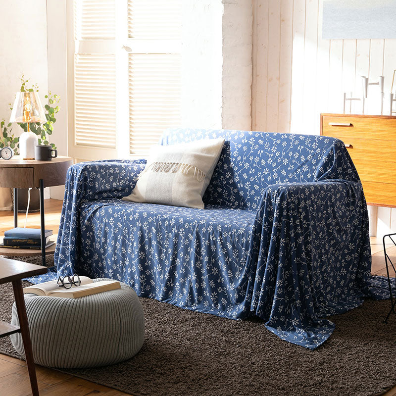 平編みコットンニットのフラワープリント マルチカバー ジニア【Fab the Home】