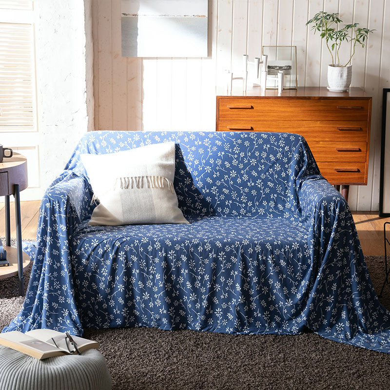 平編みコットンニットのフラワープリント マルチカバー ジニア【Fab the Home】