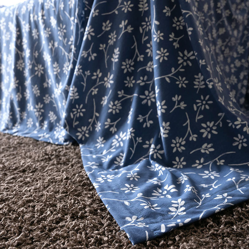 平編みコットンニットのフラワープリント マルチカバー ジニア【Fab the Home】