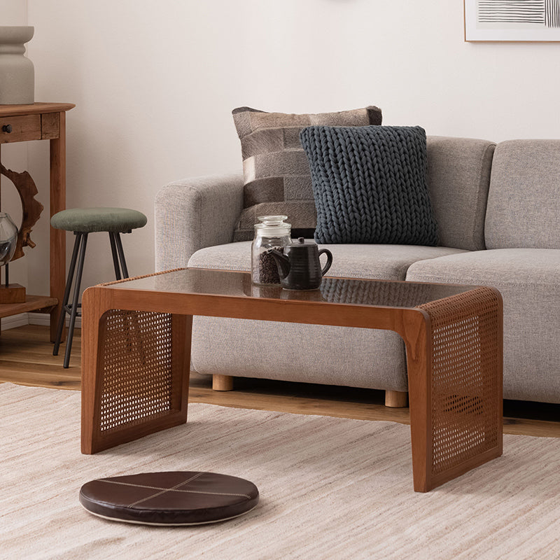 天然ラタンで編まれたメッシュをあしらったガラステーブル センターテーブル