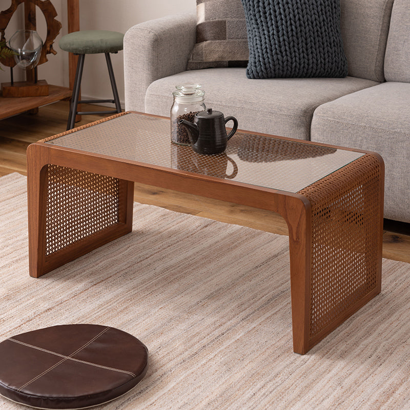 天然ラタンで編まれたメッシュをあしらったガラステーブル センターテーブル