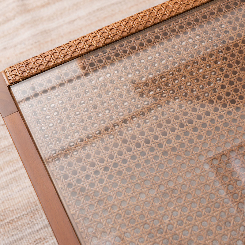 天然ラタンで編まれたメッシュをあしらったガラステーブル センターテーブル