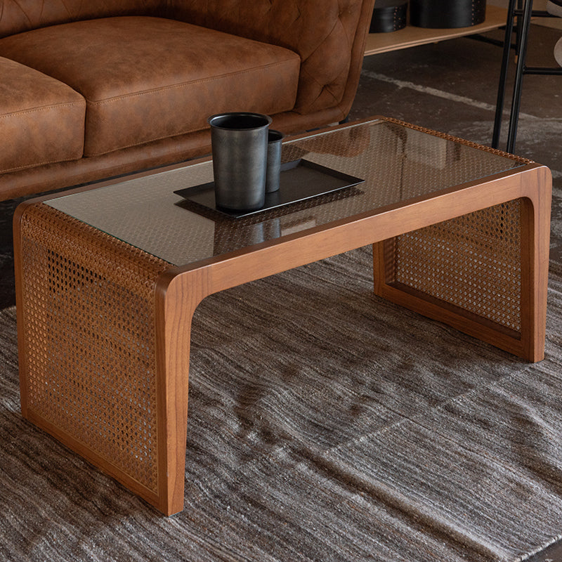 天然ラタンで編まれたメッシュをあしらったガラステーブル センターテーブル