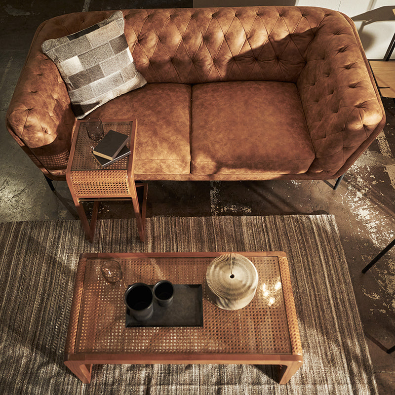 天然ラタンで編まれたメッシュをあしらったガラステーブル センターテーブル