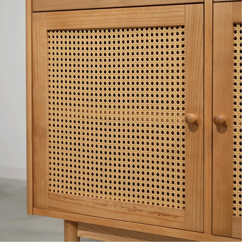 キャビネット 視線を惹きつける、かごめ編みの上質デザイン 可動棚付き ラタン調デザイン