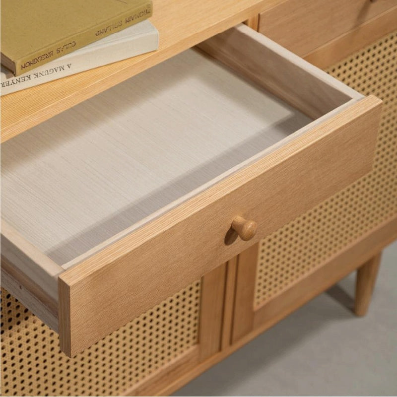 キャビネット 視線を惹きつける、かごめ編みの上質デザイン 可動棚付き ラタン調デザイン