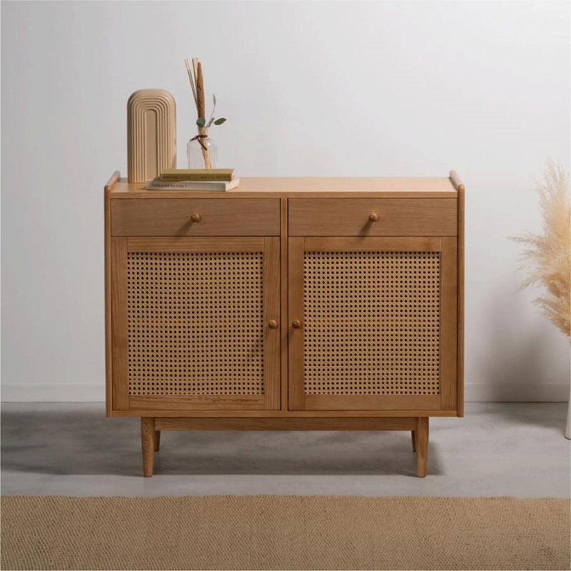 キャビネット 視線を惹きつける、かごめ編みの上質デザイン 可動棚付き ラタン調デザイン