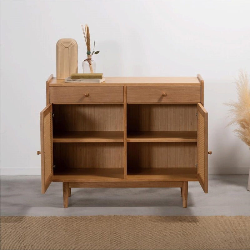 キャビネット 視線を惹きつける、かごめ編みの上質デザイン 可動棚付き ラタン調デザイン