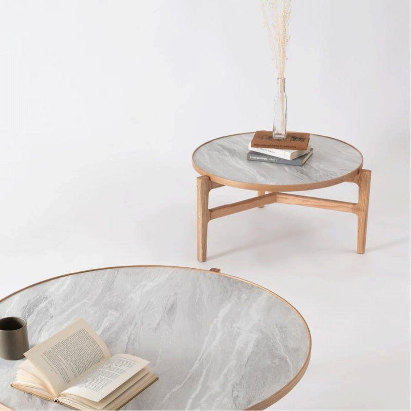 石目調の天板×天然木の組み合わせがナチュラルなラウンドテーブル 幅86cmタイプ