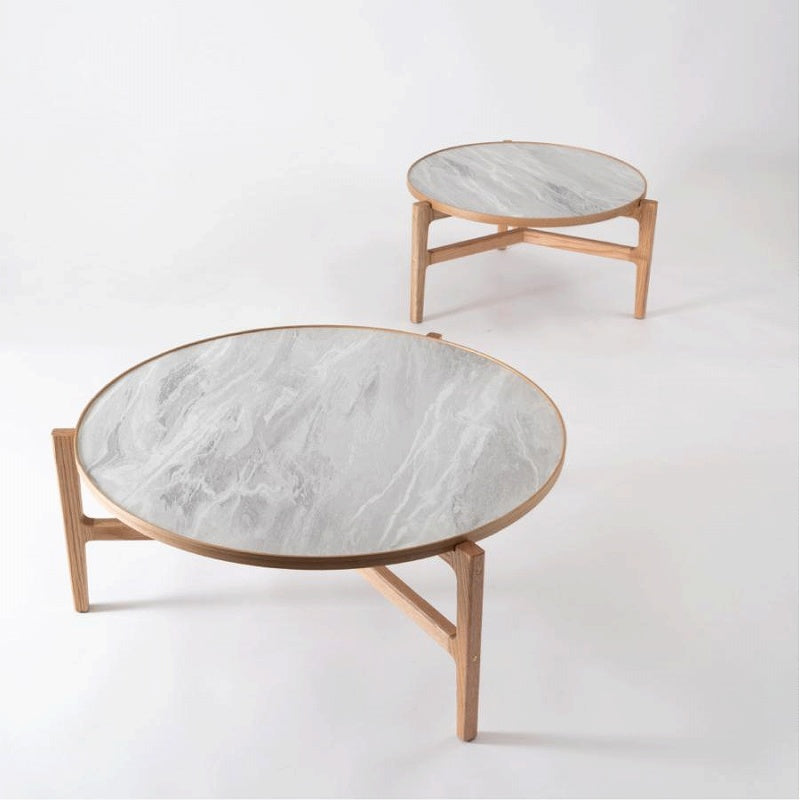 石目調の天板×天然木の組み合わせがナチュラルなラウンドテーブル 幅86cmタイプ