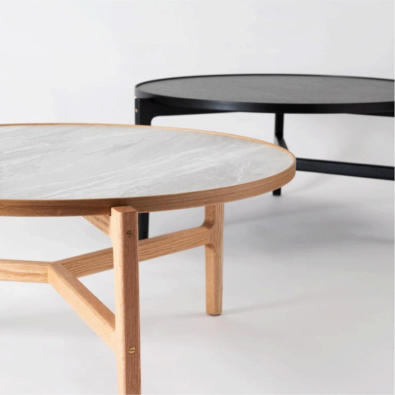 石目調の天板×天然木の組み合わせがナチュラルなラウンドテーブル 幅86cmタイプ