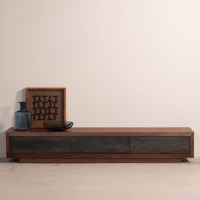 【開梱設置配送】ローボード 天然木の木目を生かしたデザインと石目調の引き出しがアクセント