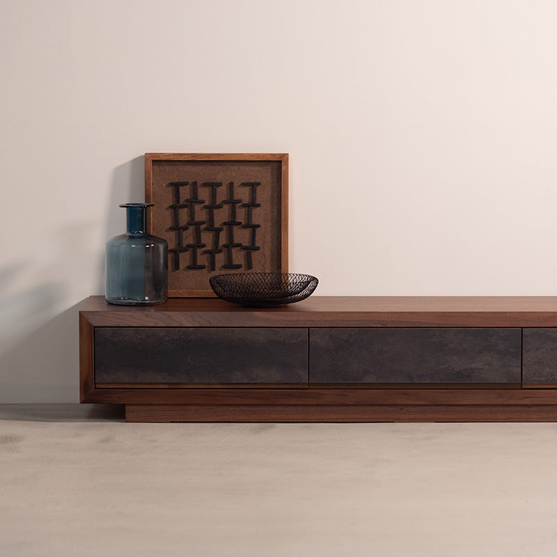 【開梱設置配送】ローボード 天然木の木目を生かしたデザインと石目調の引き出しがアクセント