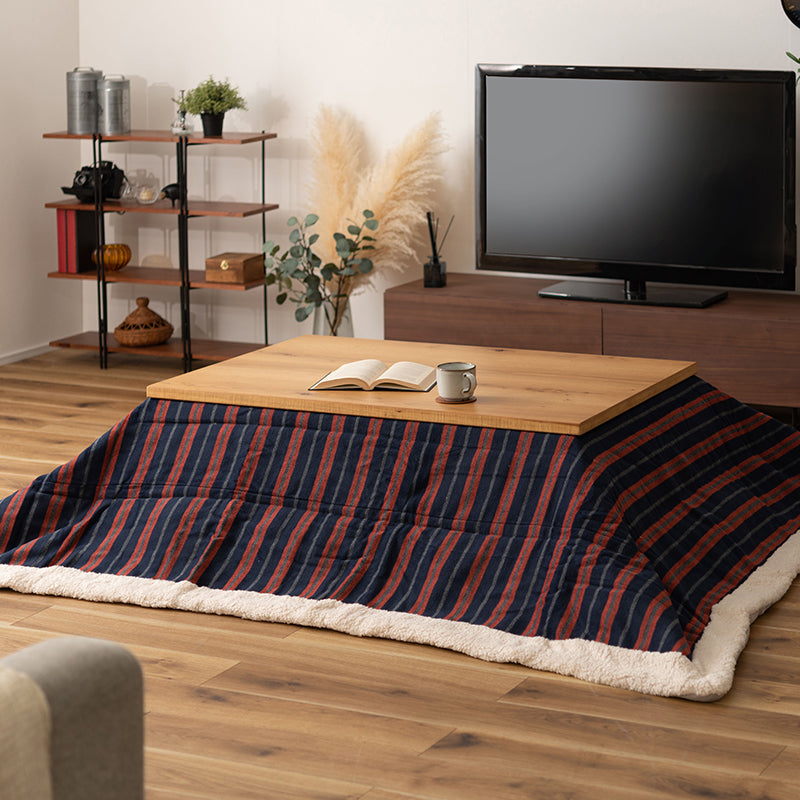薄掛けこたつ布団 長方形 もこもこシープボアで熱を逃がさない 3色ストライプがおしゃれな高保温タイプ