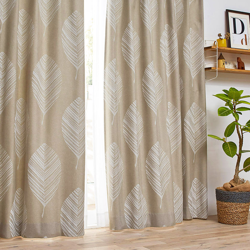 【サイズオーダー】一本一本丁寧に描いた線が集まり大きな葉っぱをデザインした遮光カーテン 1枚入り