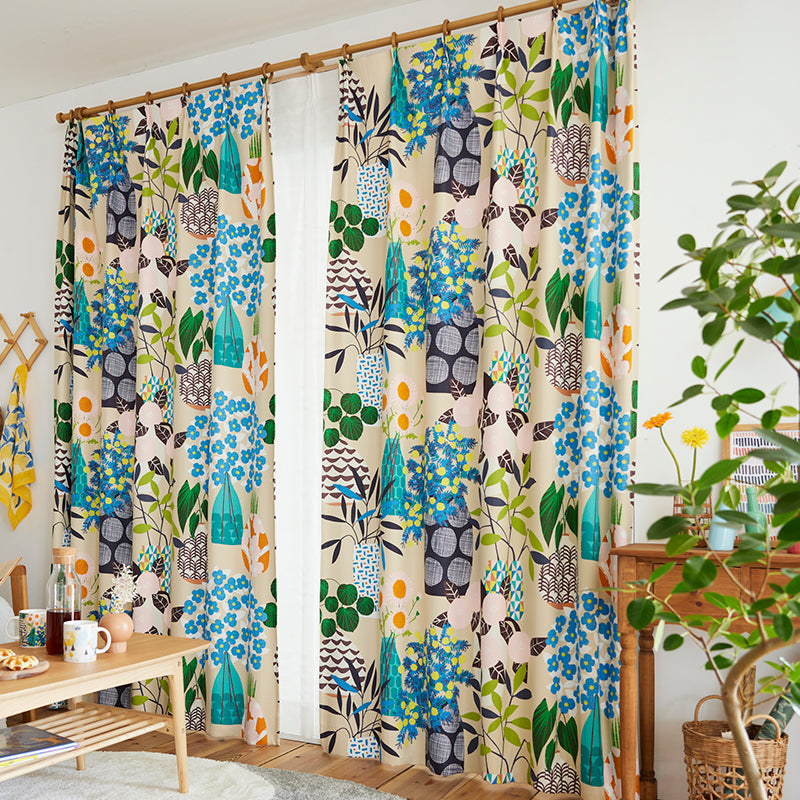 【サイズオーダー】可愛いフラワーベースと植物を楽しむボタニカルデザイン遮光2級・3級カーテン 1枚入り