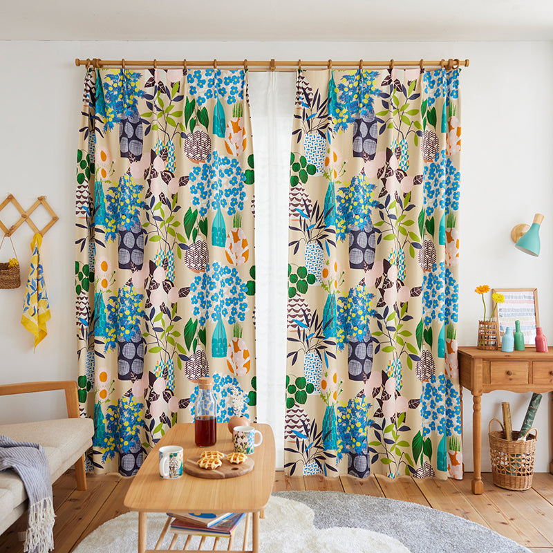 【サイズオーダー】可愛いフラワーベースと植物を楽しむボタニカルデザイン遮光2級・3級カーテン 1枚入り