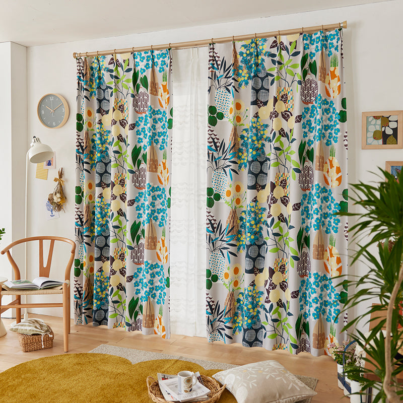 【サイズオーダー】可愛いフラワーベースと植物を楽しむボタニカルデザイン遮光2級・3級カーテン 1枚入り
