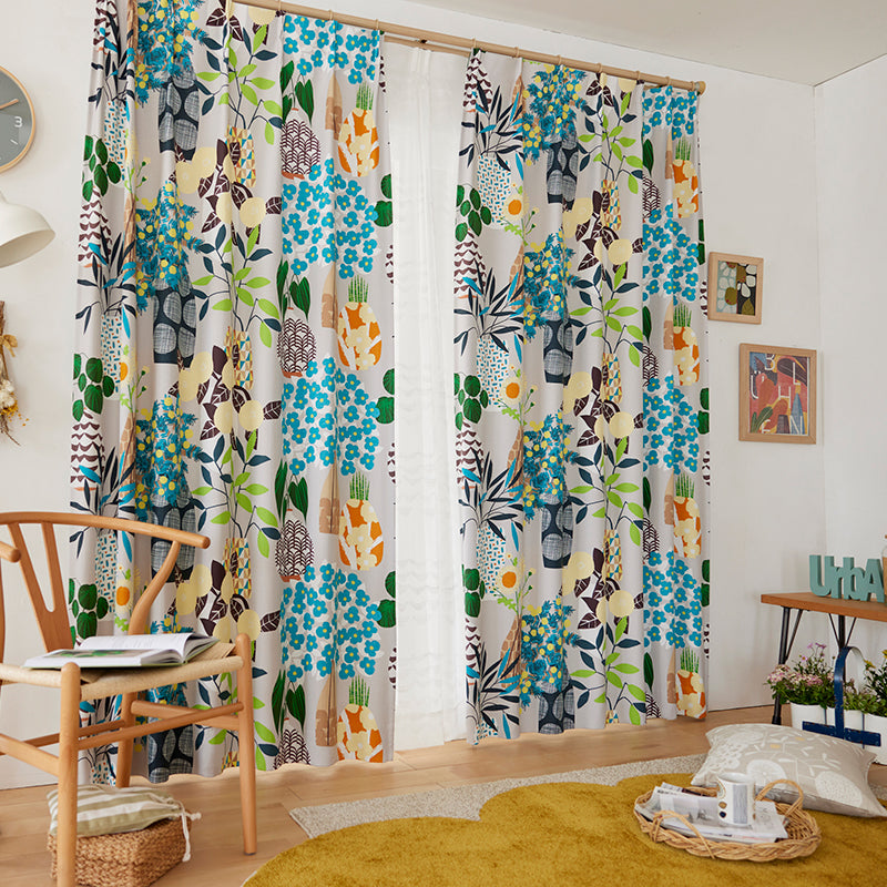 【サイズオーダー】可愛いフラワーベースと植物を楽しむボタニカルデザイン遮光2級・3級カーテン 1枚入り