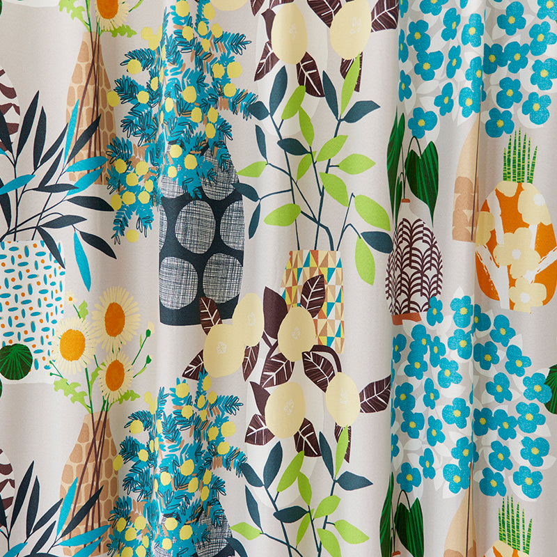 【サイズオーダー】可愛いフラワーベースと植物を楽しむボタニカルデザイン遮光2級・3級カーテン 1枚入り