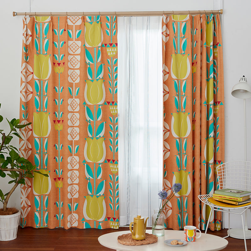 【サイズオーダー】チューリップ柄にペンギンが隠れている可愛いデザイン遮光3級カーテン 1枚入り