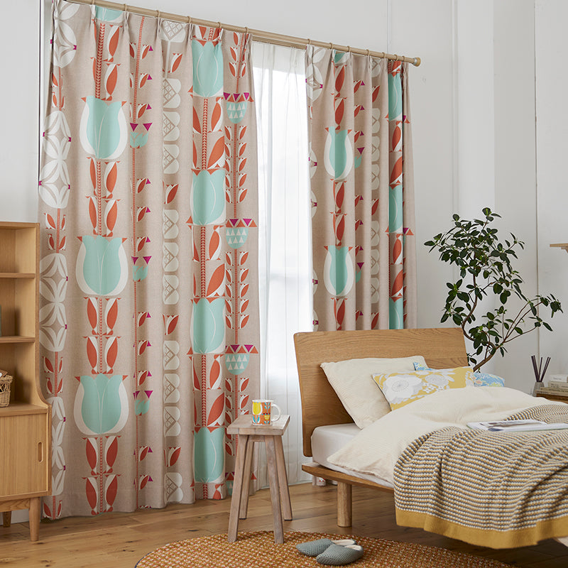 【サイズオーダー】チューリップ柄にペンギンが隠れている可愛いデザイン遮光3級カーテン 1枚入り