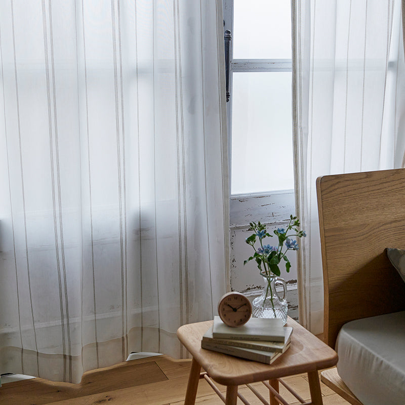 【サイズオーダー】刺し子調のストライプでクラフト感のあるレースカーテン 1枚入り