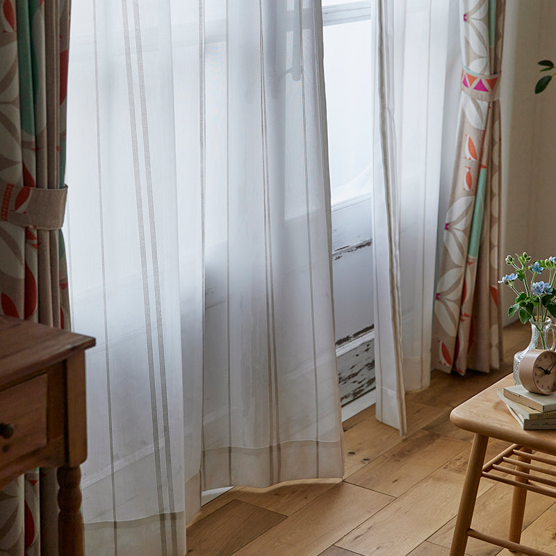 【サイズオーダー】刺し子調のストライプでクラフト感のあるレースカーテン 1枚入り