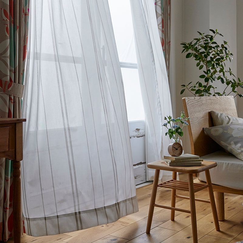 【サイズオーダー】刺し子調のストライプでクラフト感のあるレースカーテン 1枚入り
