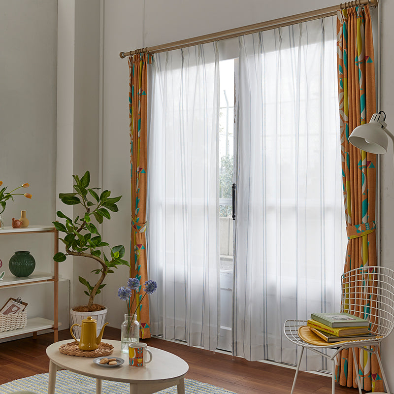 【サイズオーダー】刺し子調のストライプでクラフト感のあるレースカーテン 1枚入り