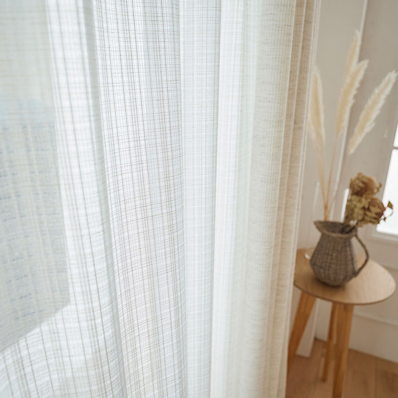 【サイズオーダー】ラミー調の細糸を編み込んだナチュラルなストライプ柄レースカーテン