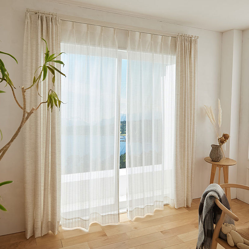 【サイズオーダー】ラミー調の細糸を編み込んだナチュラルなストライプ柄レースカーテン