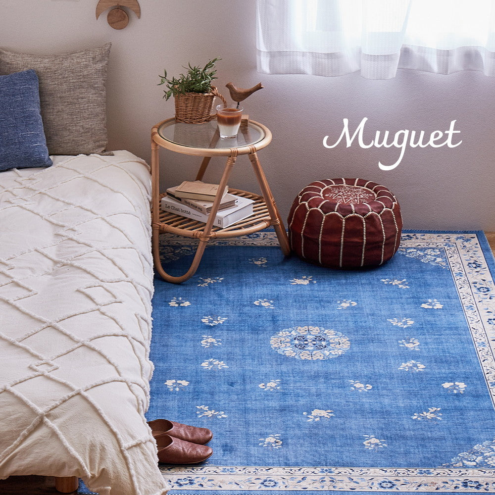 シノワズリデザインのプリントラグ 短毛でやわらかくオールシーズン快適 ミュゲ