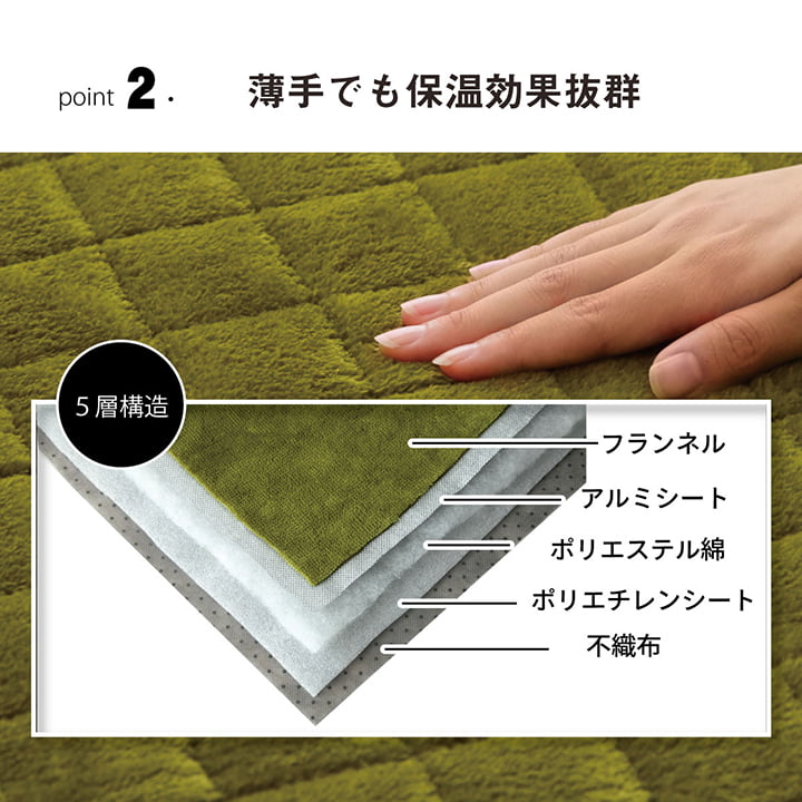 5層構造で床からの冷気を遮るラグ 柔らかフランネル薄手でも保温効果抜群
