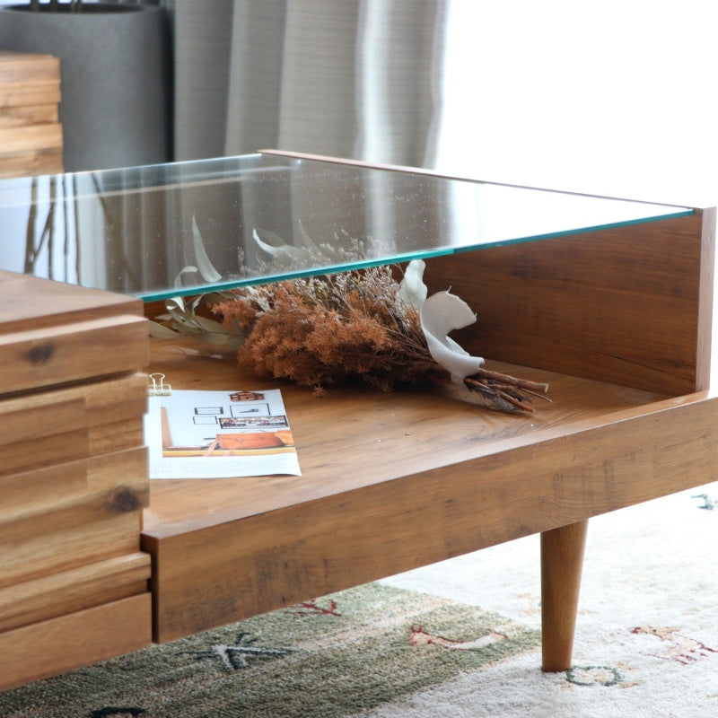 リビングテーブル 見せる収納と隠す収納でリビングすっきり 木の表情を楽しむセンターテーブル