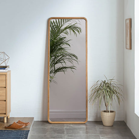 スタンドミラー 幅60cm 天然木オーク無垢の温かみある枠の立てかけ姿見