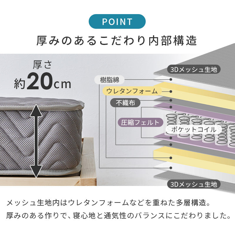 ポケットコイルマットレス 全面メッシュで蒸れにくく朝まで快適 両面使える高耐久設計 シングル～セミダブル