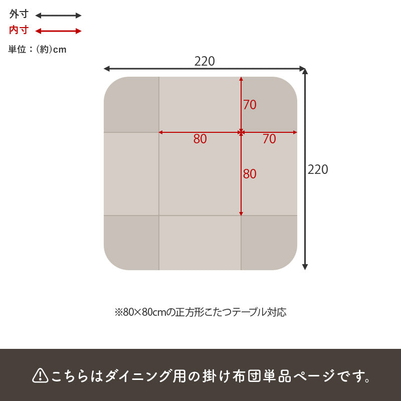 こたつ掛け布団 正方形80cm ダイニング用 ニットの凹凸が温もりを添える省スペース薄掛け